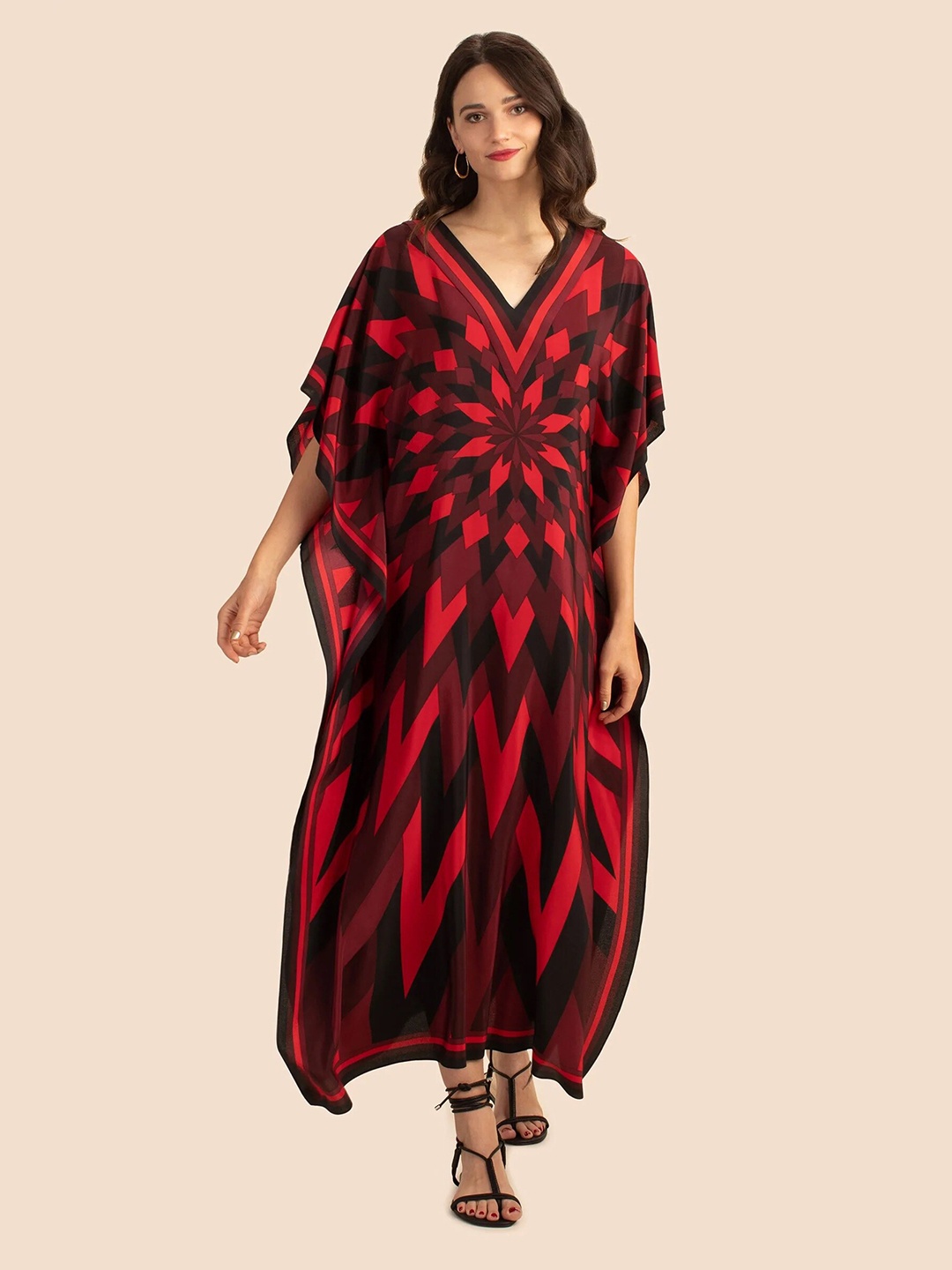 

UMANTA Geometric Printed Kimono Sleeves Kaftan Maxi Dress, Red