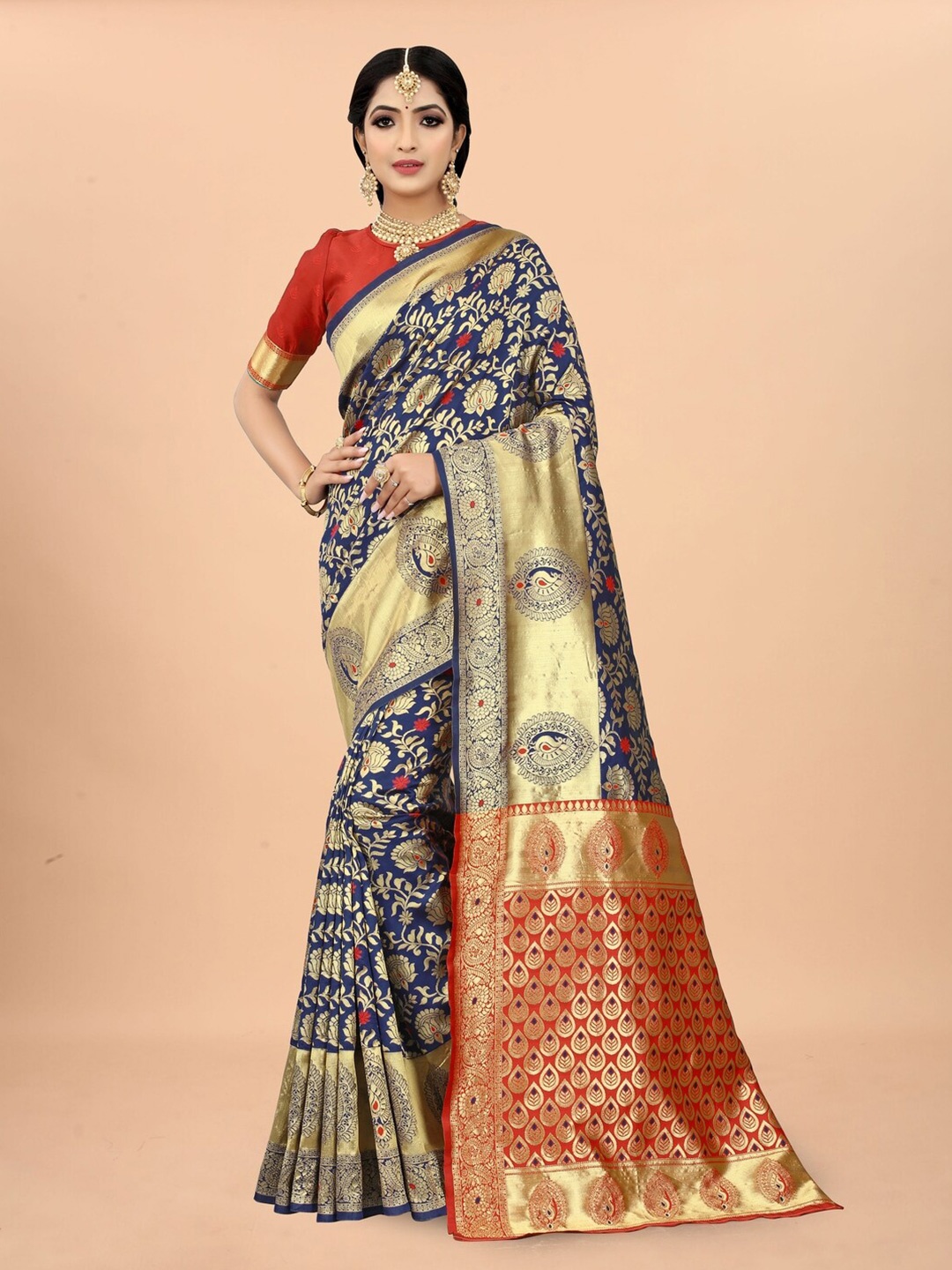 

Sareeslatest Designer Ethnic Motifs Woven Design Zari Kanjeevaram Saree, Navy blue