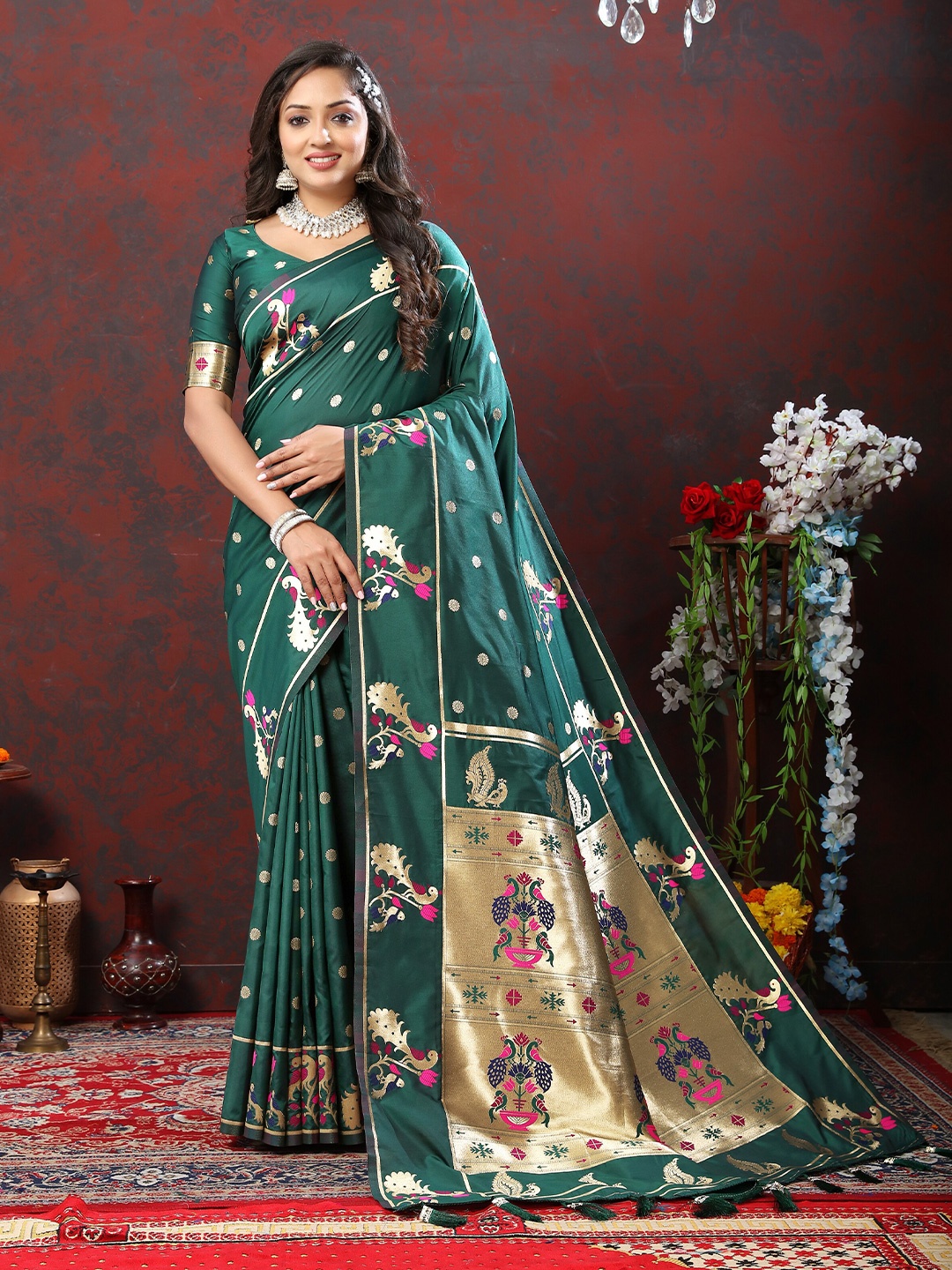 

YAVIRA SILK Ethnic Motifs Woven Design Zari Paithani Saree With Tassels, Olive
