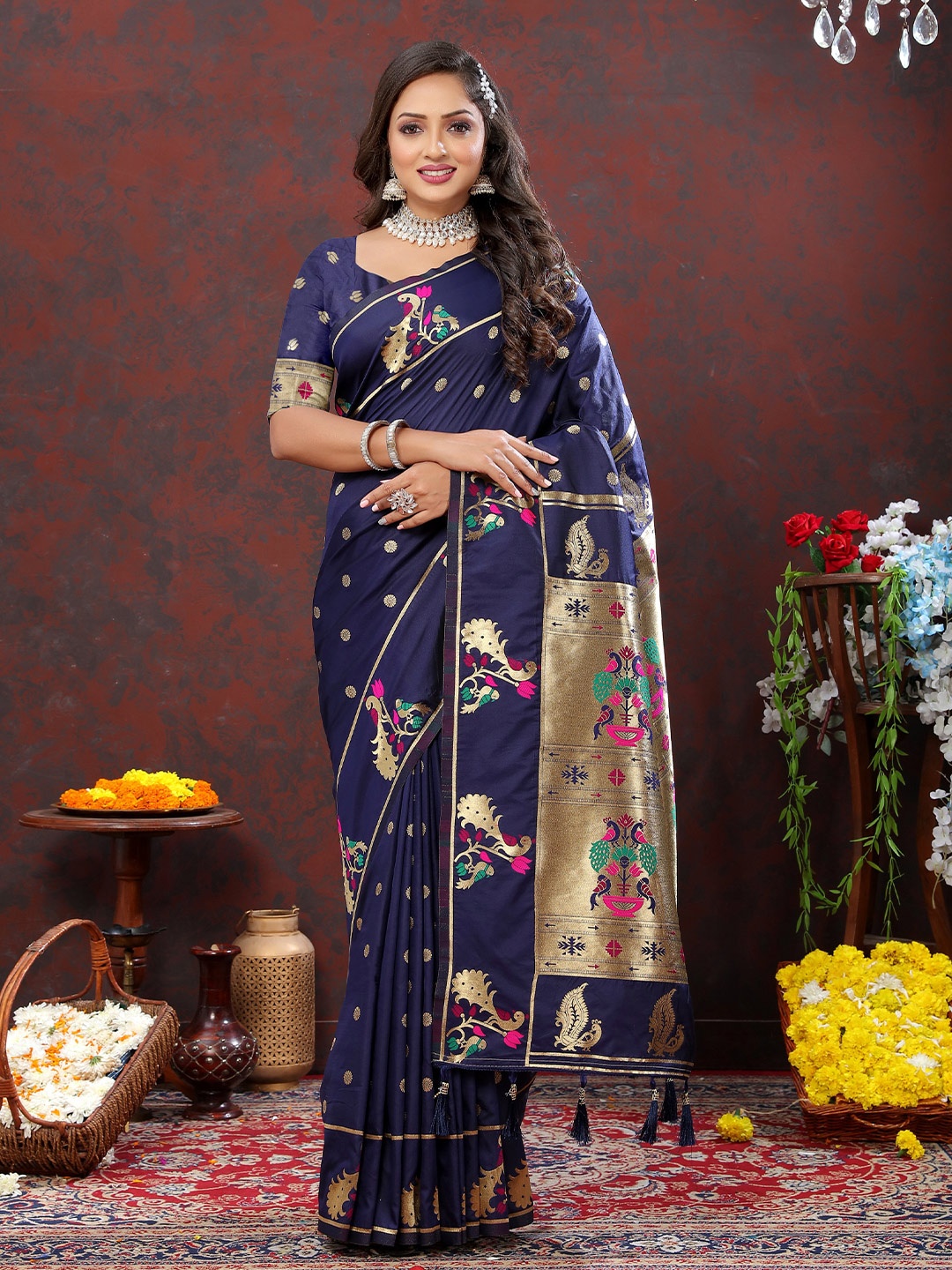 

YAVIRA SILK Ethnic Motifs Woven Design Zari Paithani Saree With Tassels, Navy blue