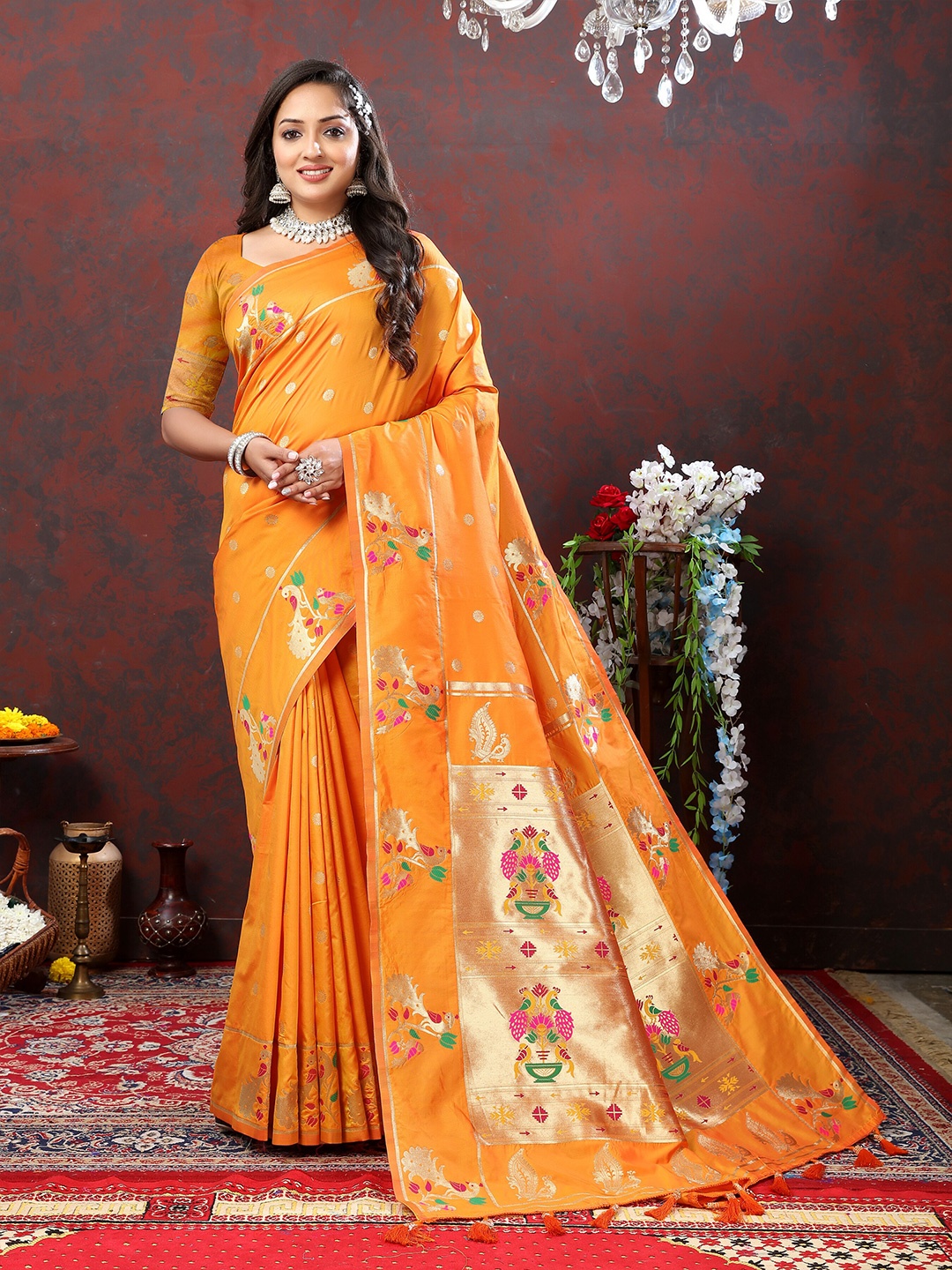 

YAVIRA SILK Woven Design Zari Art Silk Paithani Saree, Orange