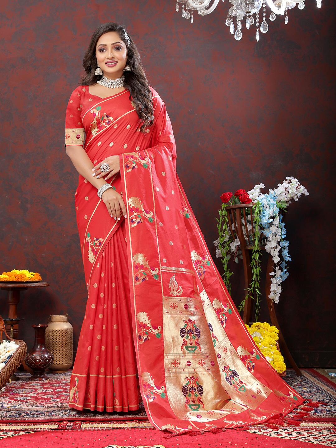 

YAVIRA SILK Ethnic Motifs Woven Design Zari Paithani Saree, Red