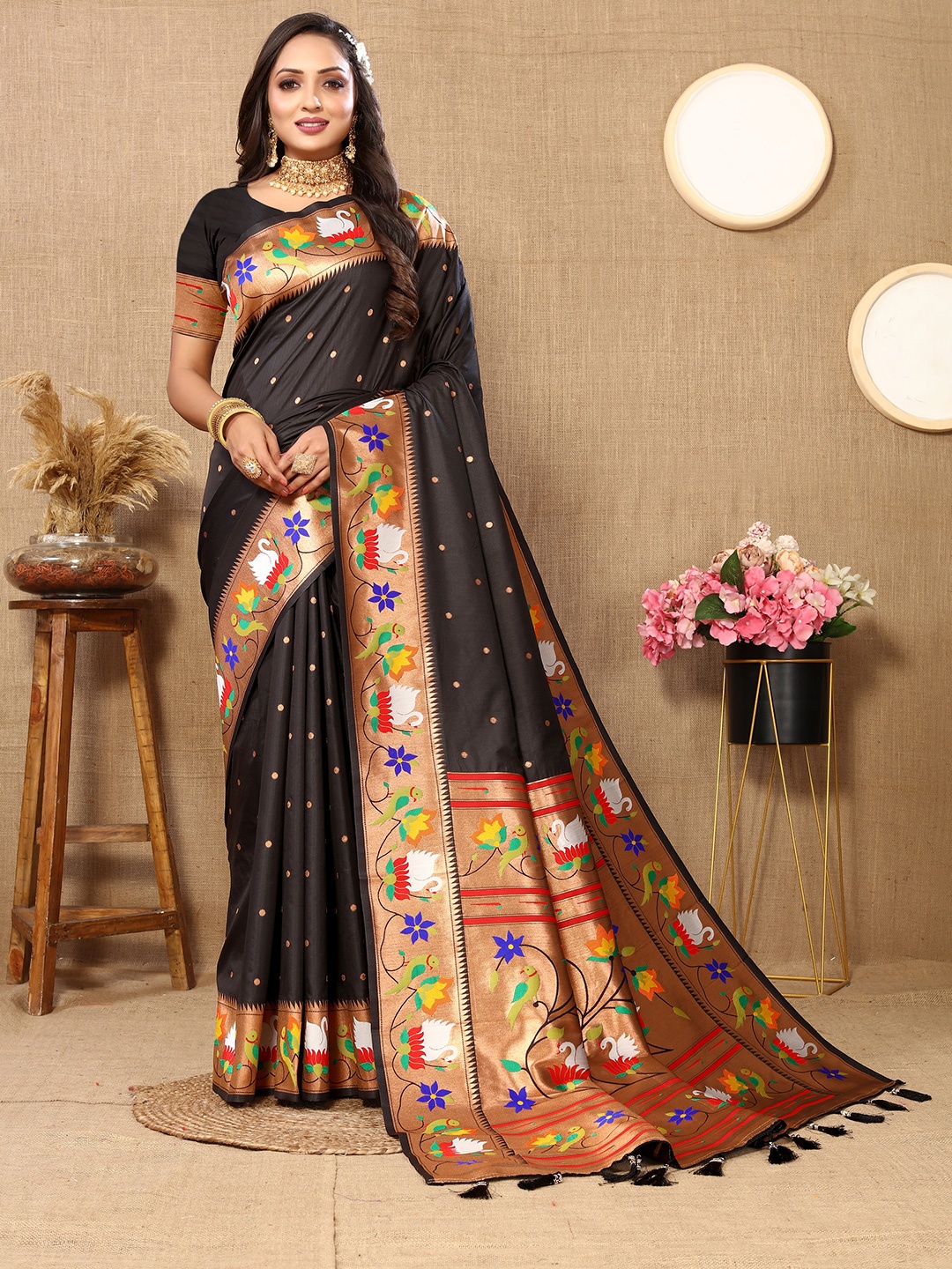 

YAVIRA SILK Ethnic Motifs Woven Design Zari Paithani Saree With Tassels, Black