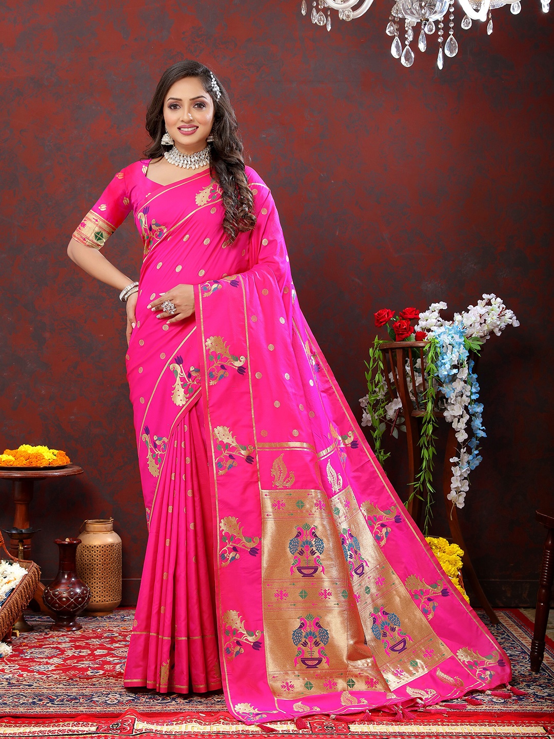 

YAVIRA SILK Ethnic Motifs Woven Design Zari Paithani Saree With Tassels, Pink