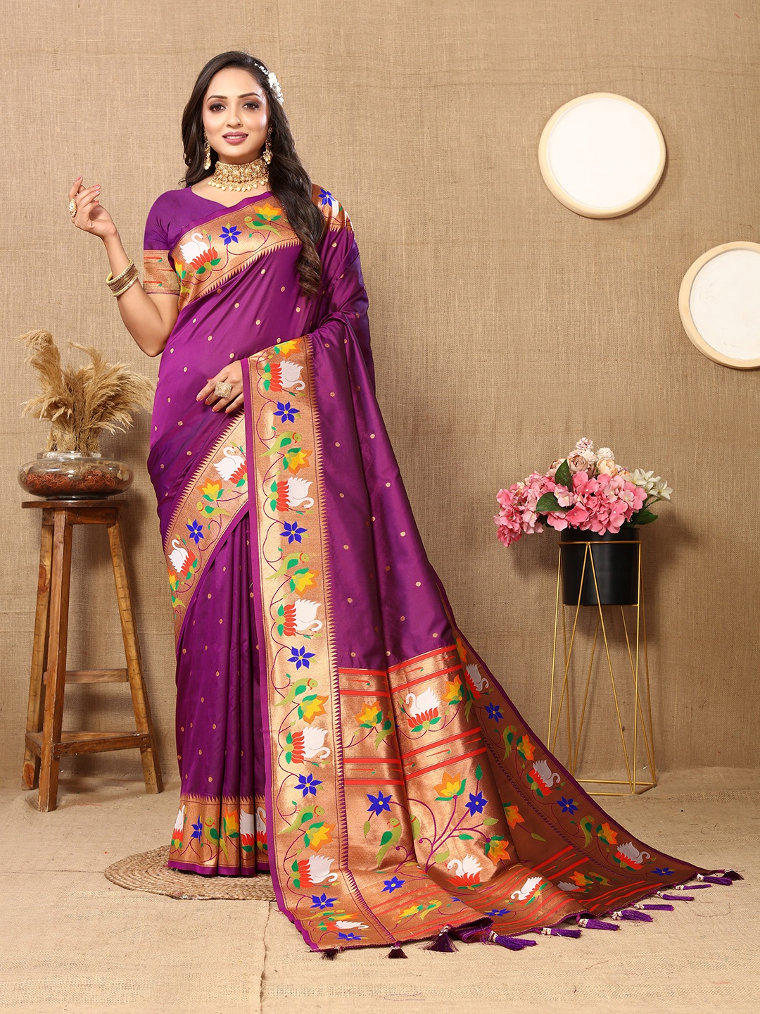 

YAVIRA SILK Ethnic Motifs Woven Design Zari Paithani Saree With Tassels, Magenta