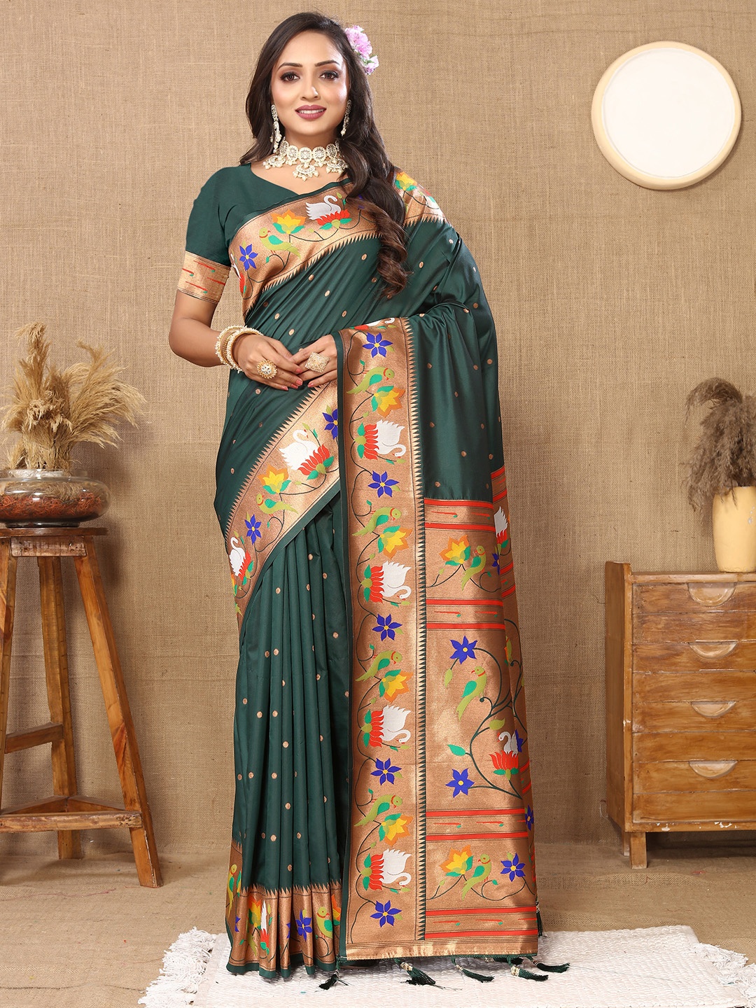 

YAVIRA SILK Ethnic Motifs Woven Design Zari Paithani Saree, Olive