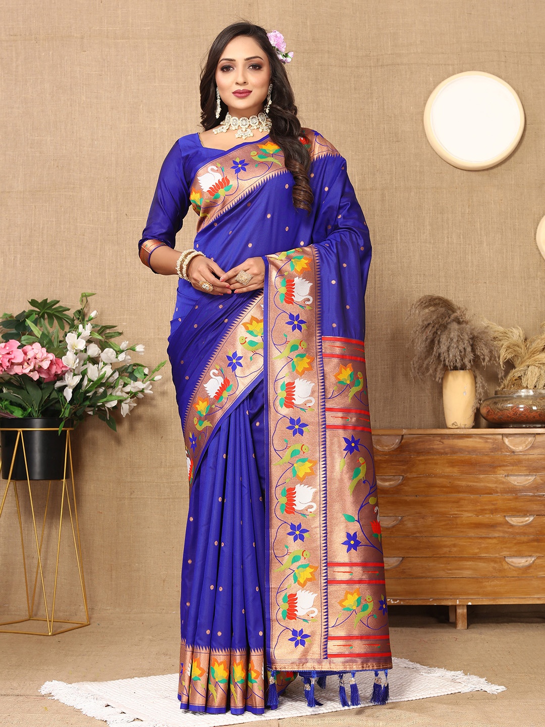 

YAVIRA SILK Ethnic Motifs Woven Design Zari Paithani Saree, Blue