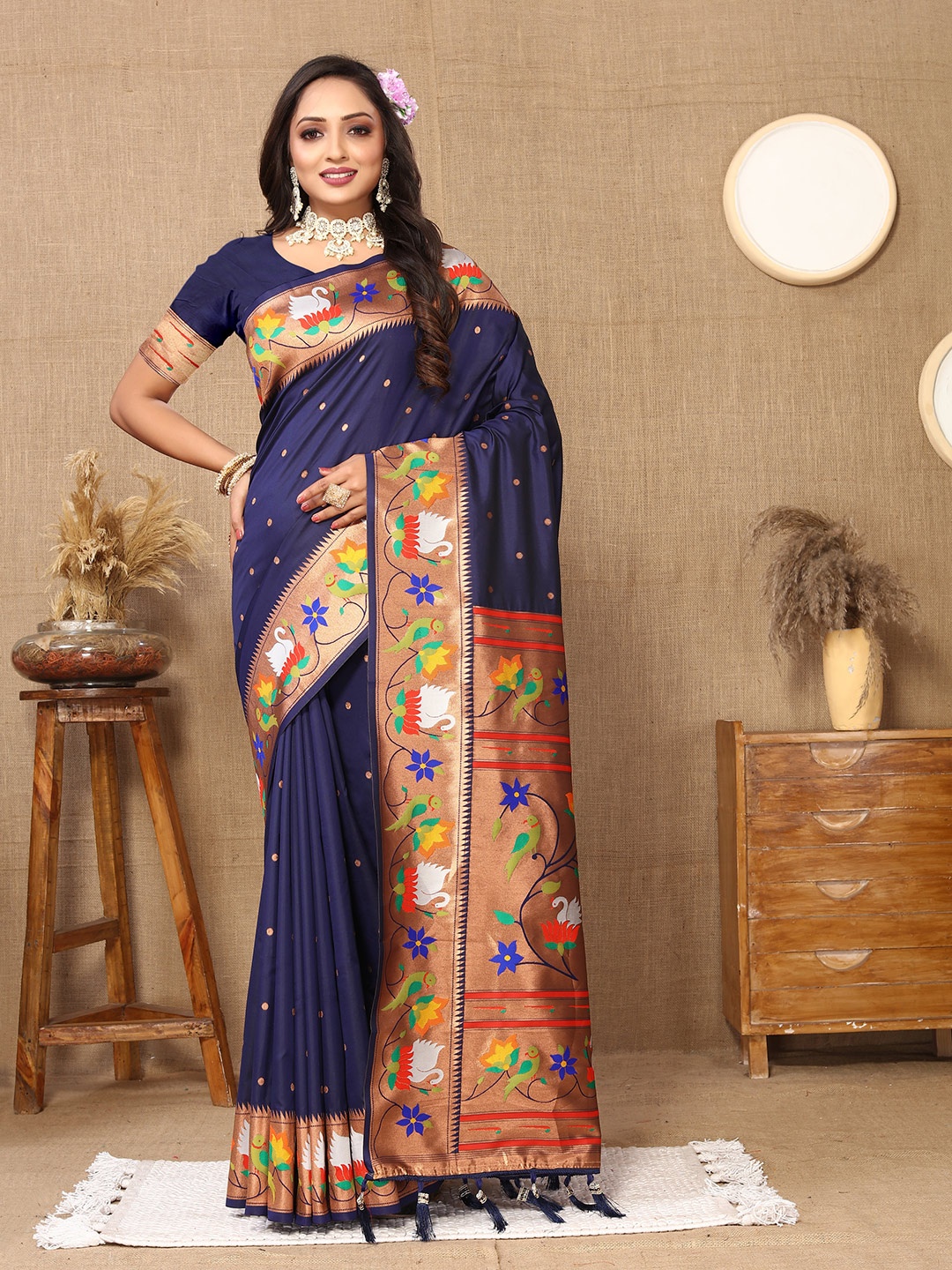 

YAVIRA SILK Woven Design Zari Art Silk Paithani Saree, Navy blue