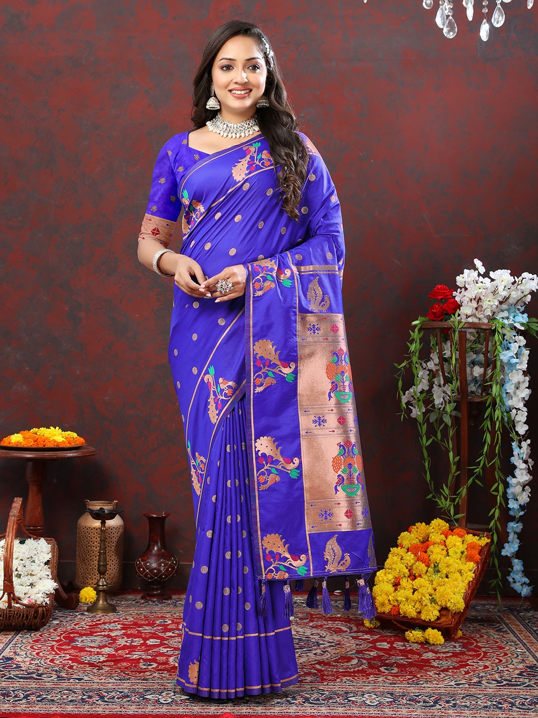 

YAVIRA SILK Ethnic Motifs Woven Design Zari Paithani Saree With Tassels, Blue
