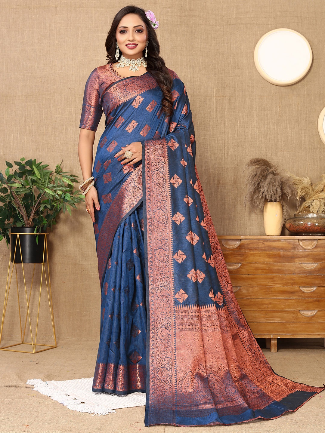 

YAVIRA SILK Ethnic Motifs Woven Design Zari Banarasi Saree, Blue