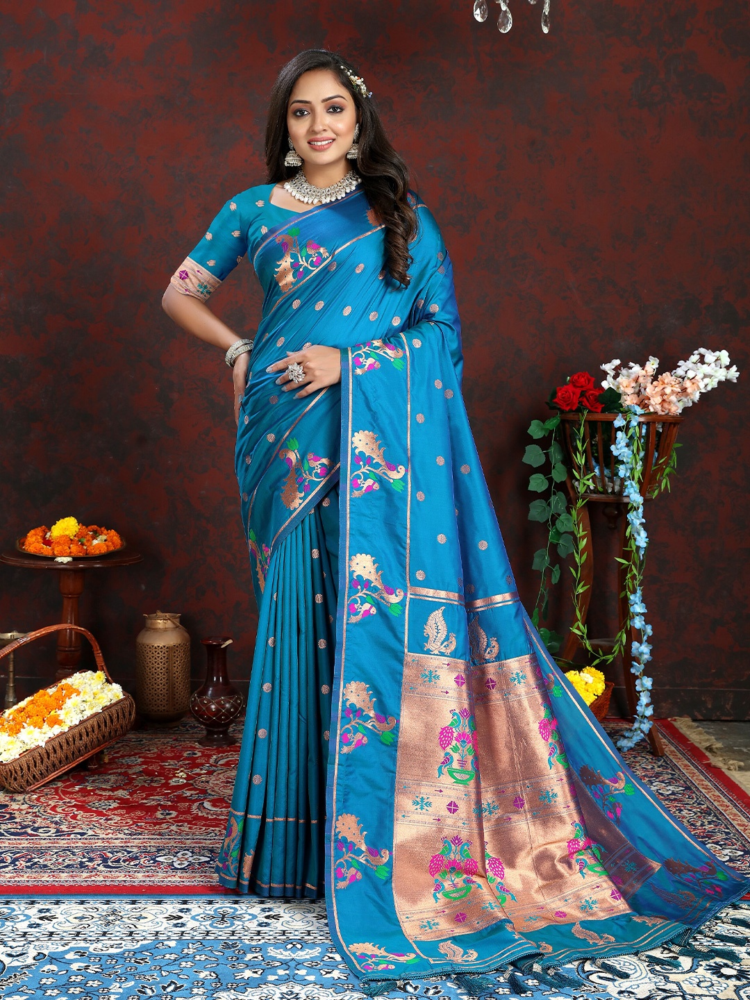 

YAVIRA SILK Ethnic Motifs Woven Design Zari Paithani Saree With Tassels, Sea green