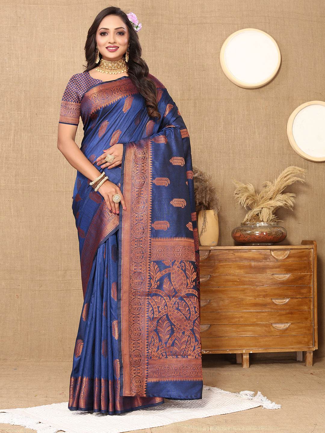 

YAVIRA SILK Ethnic Motifs Woven Design Zari Banarasi Saree With Tassels, Blue