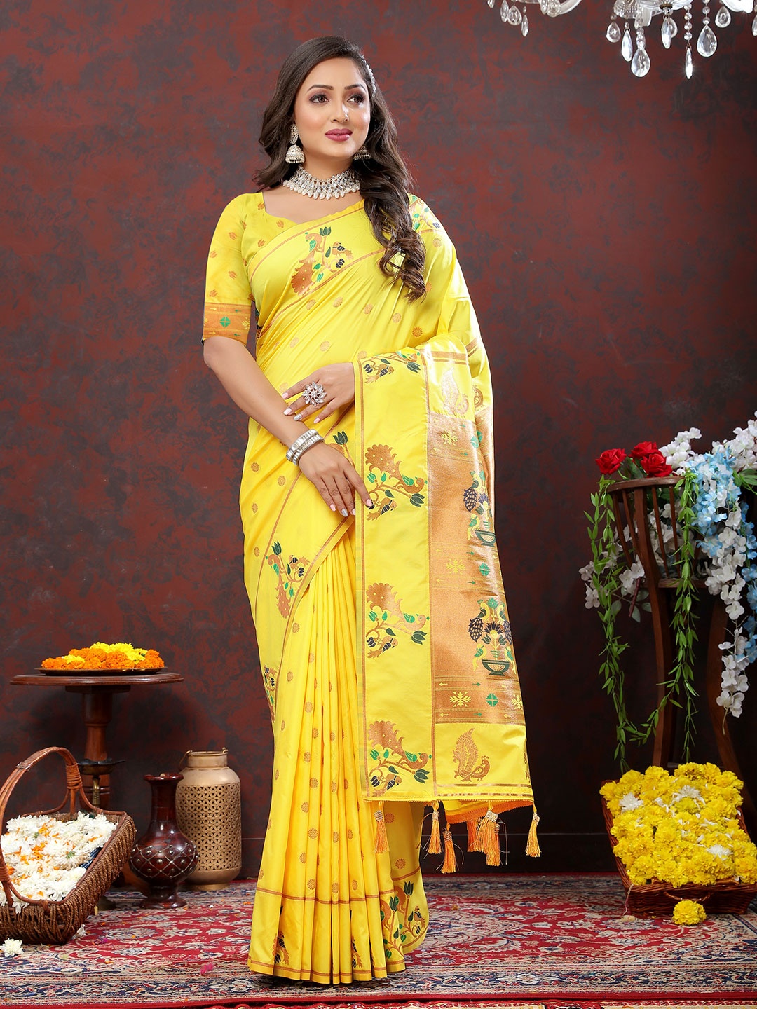 

YAVIRA SILK Ethnic Motifs Woven Design Zari Paithani Saree With Tassels, Yellow