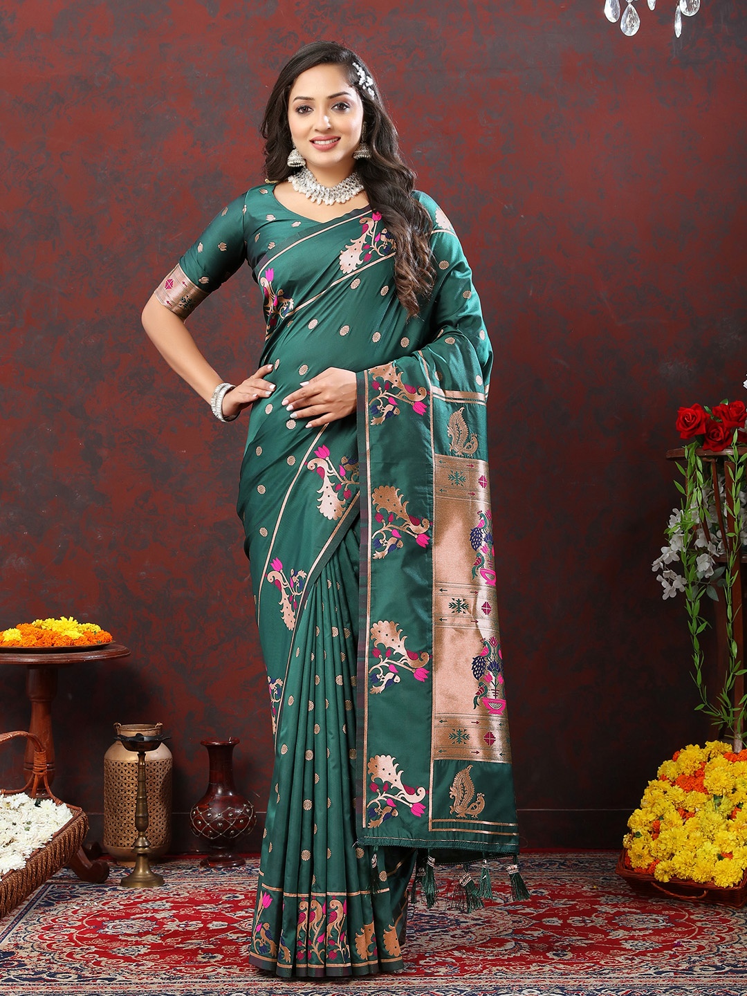 

YAVIRA SILK Ethnic Motifs Woven Design Zari Paithani Saree, Green