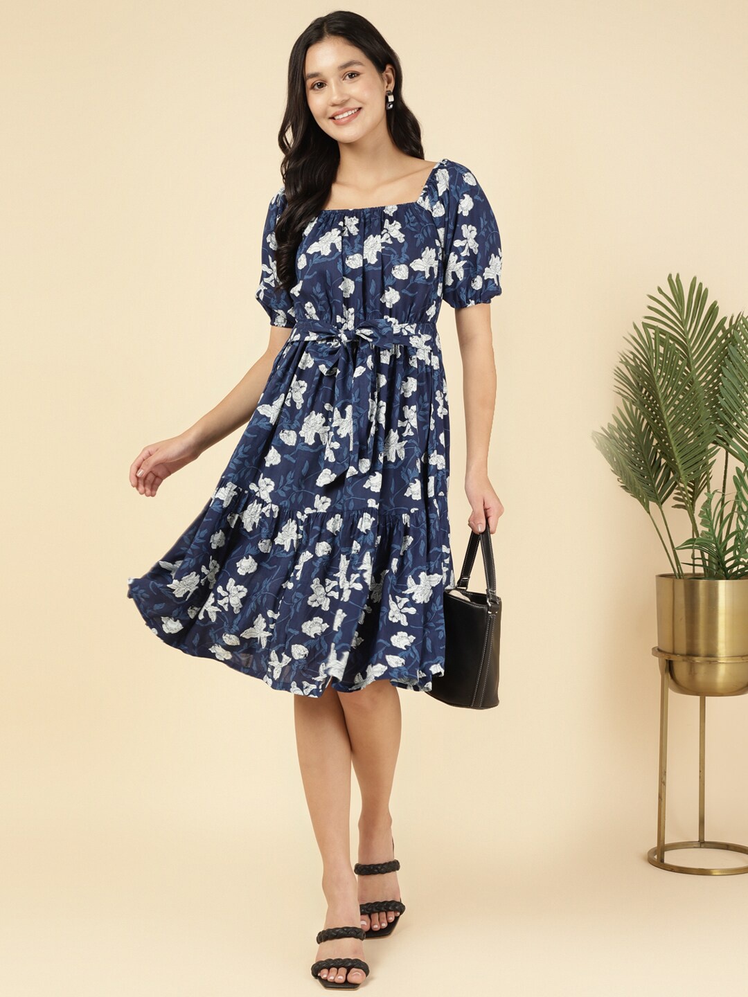 

DEEBACO Floral Printed Puff Sleeve Fit & Flare Dress, Blue