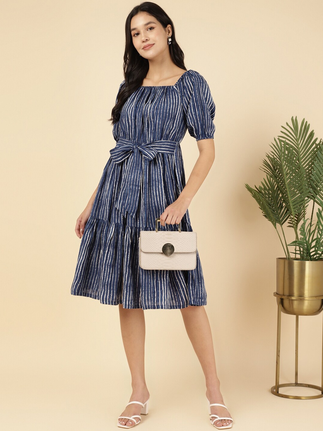 

DEEBACO Striped Puff Sleeve Fit & Flare Dress, Blue