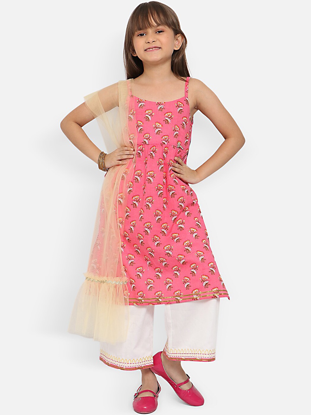 

Nauti Nati Girls Floral Printed Pure Cotton A-Line Kurta with Palazzos & Dupatta, Pink