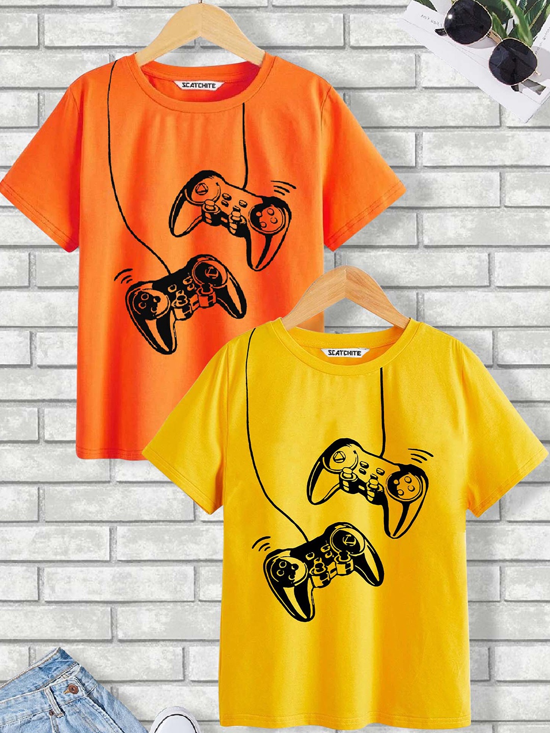 

BAESD Boys Pack of 2 Gaming Remote Printed Pure Cotton T-shirt, Orange