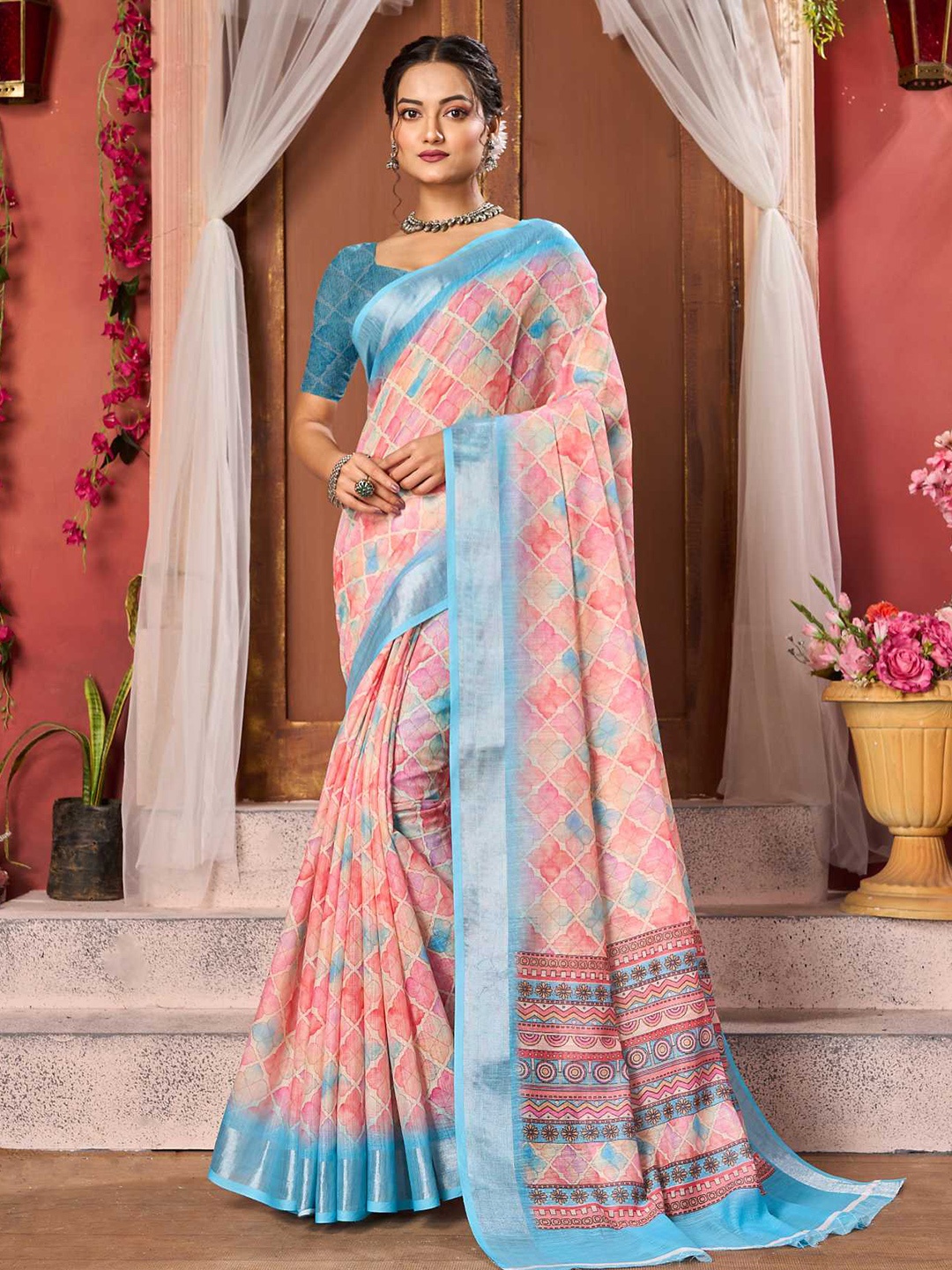 

KALINI Floral Printed Zari Mysore Silk Saree, Pink