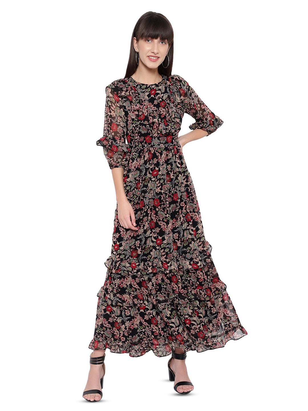 

Amagyaa Round Neck Bell Sleeves Floral Print Ruffled Georgette Maxi Dress, Black