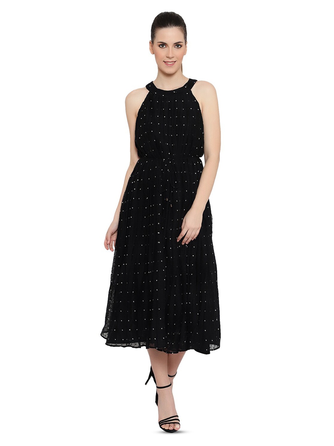 

Amagyaa Round Neck Sleeveless Chiffon A-Line Midi Dress, Black