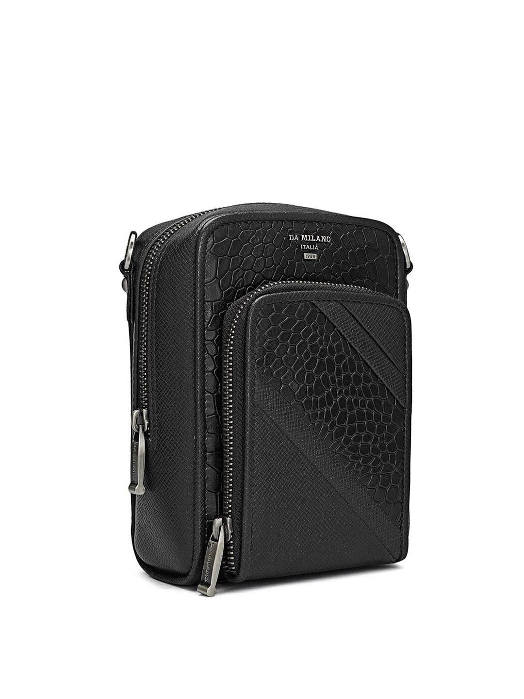 

Da Milano Men Textured Leather Messenger Bag, Black
