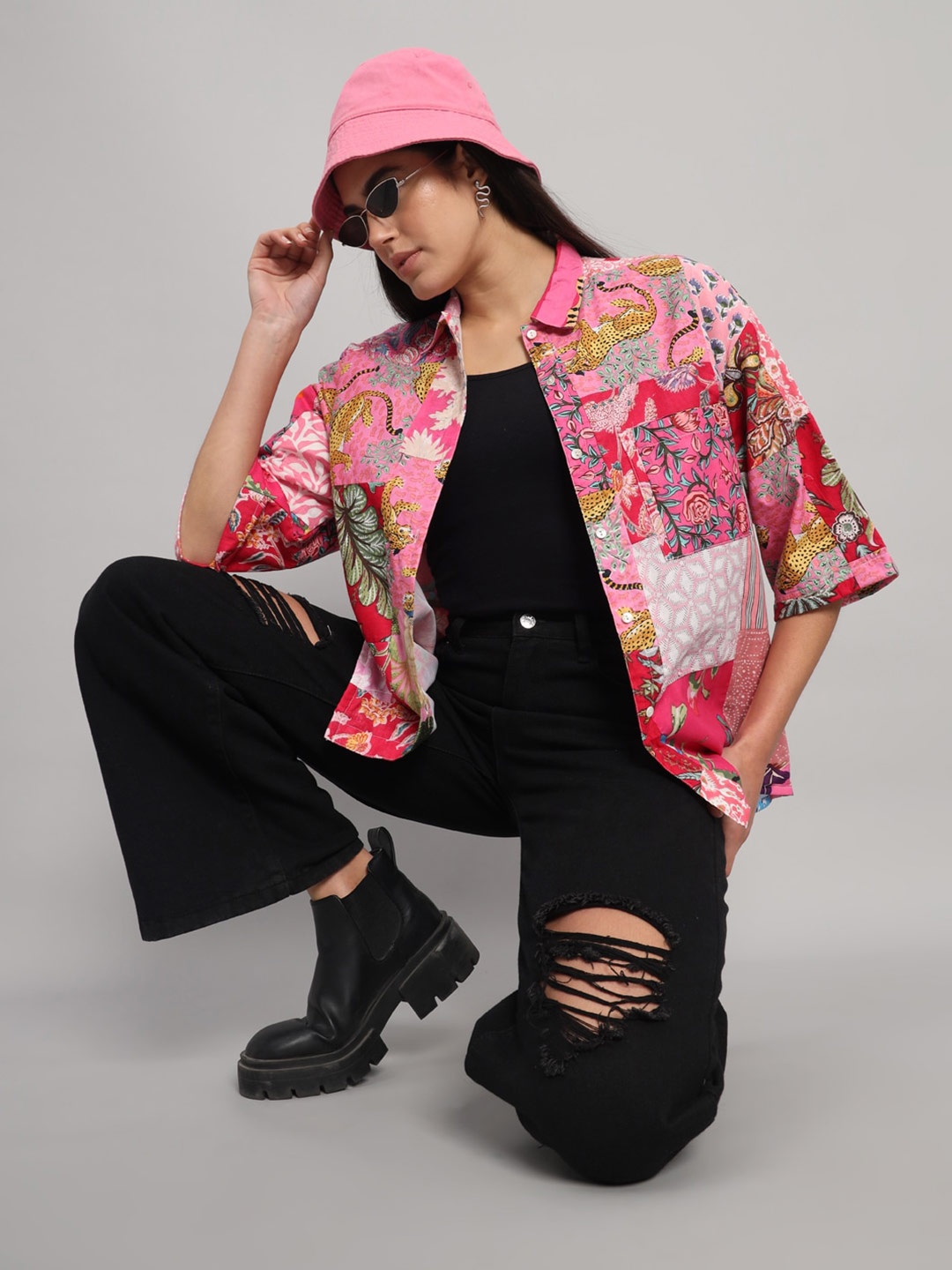 

HANDICRAFT PALACE Comfort Floral Printed Cotton Oversize Casual Shirt, Pink
