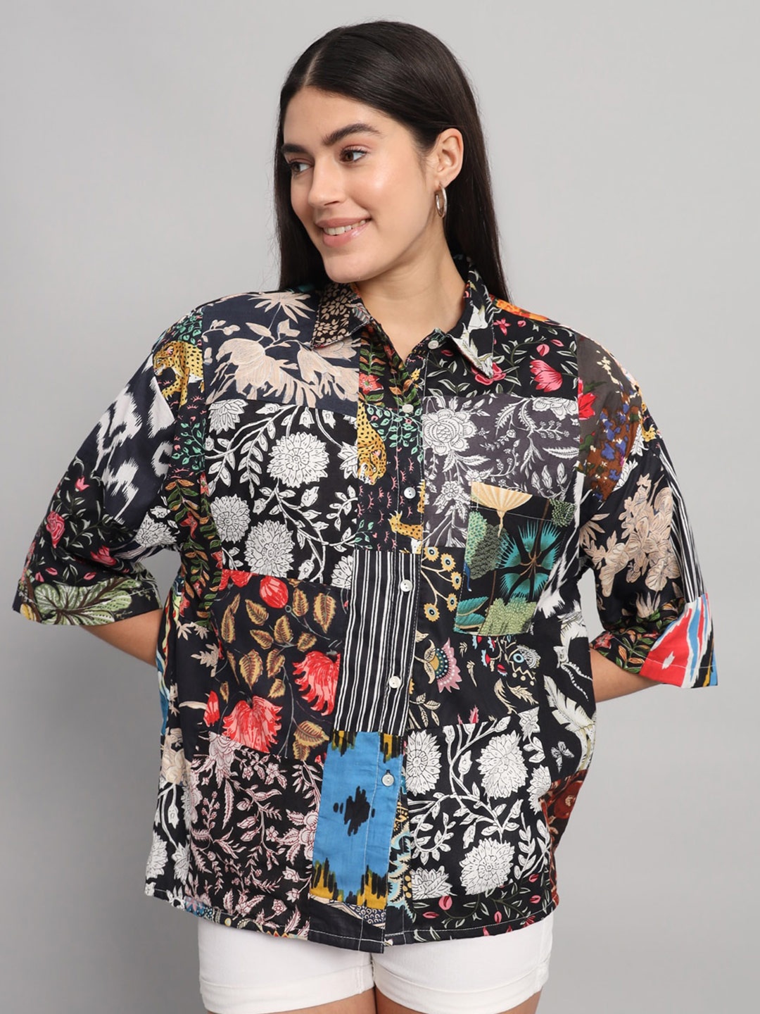 

HANDICRAFT PALACE Comfort Floral Cotton Oversize Printed Casual Shirt, Black