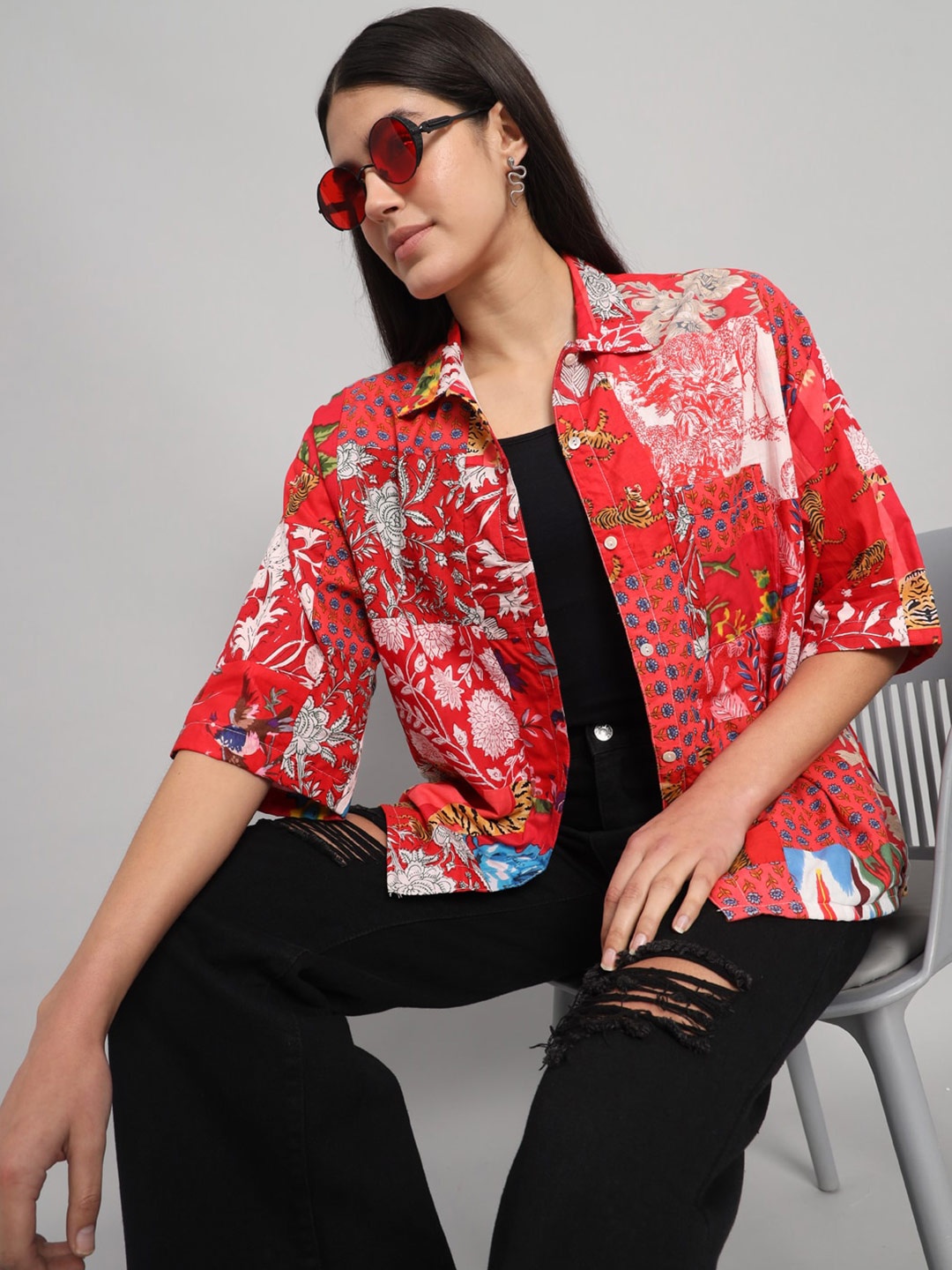 HANDICRAFT PALACE Comfort Oversized Floral Printed Cotton Casual Shirt, Red