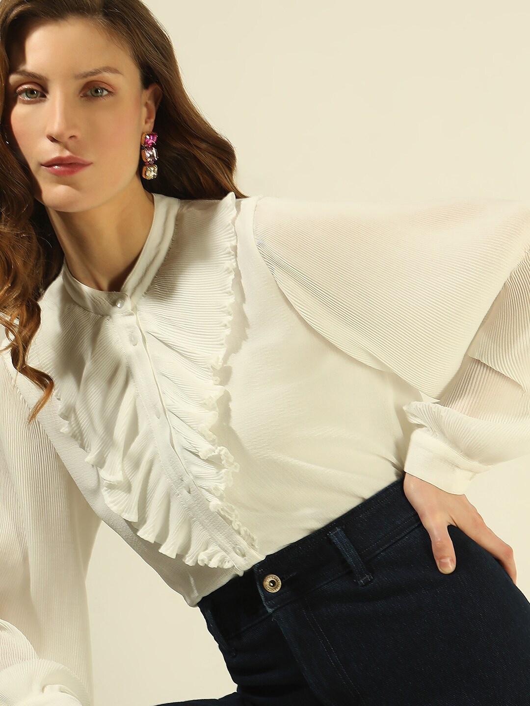 

Vero Moda Semi Sheer Mandarin Collar Long Puff Sleeves Casual Shirt, White