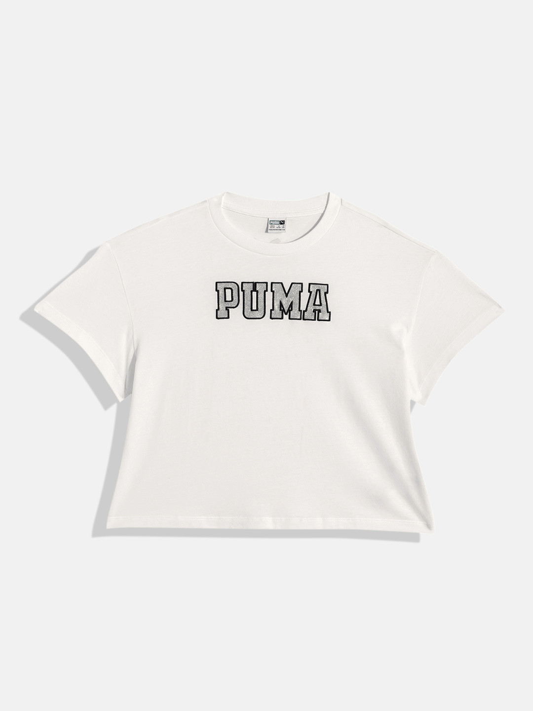 

Puma Girls Brand Logo Graphics Print Dancing Queen Pure Cotton Relaxed Fit Crop T-shirt, White