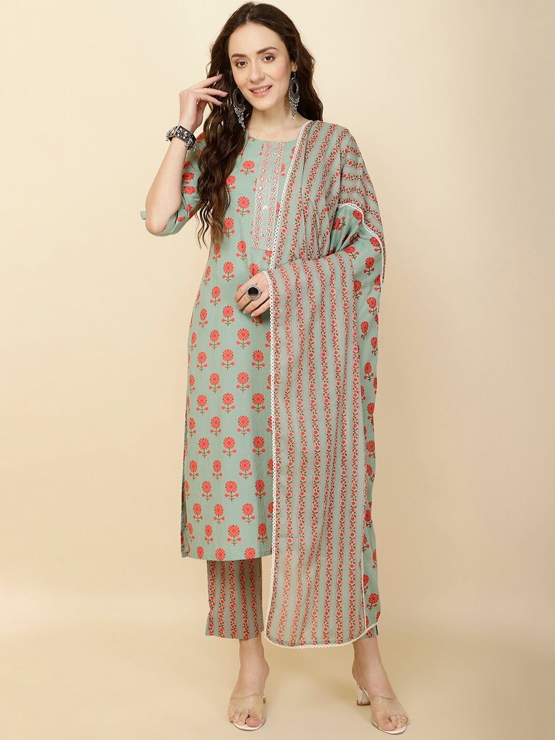 

Meena Bazaar Floral Printed Regular Kurta with Trousers & Dupatta, Green