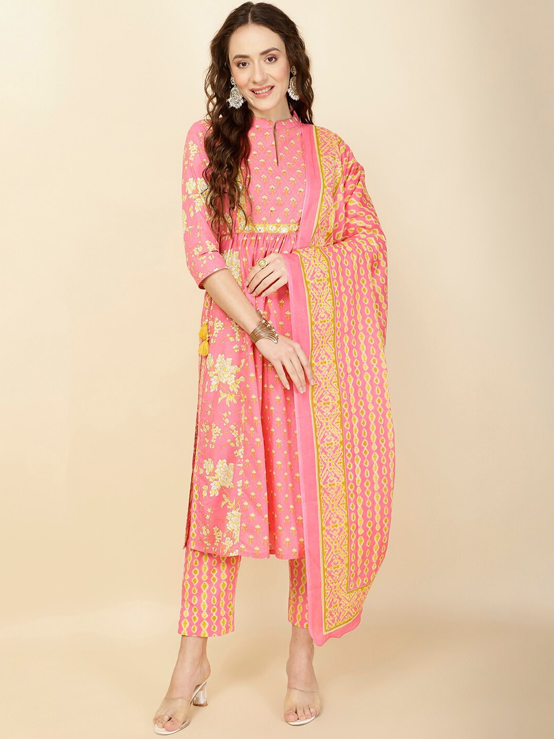 

Meena Bazaar Ethnic Motifs Yoke Design Empire Kurta with Trousers & Dupatta, Pink