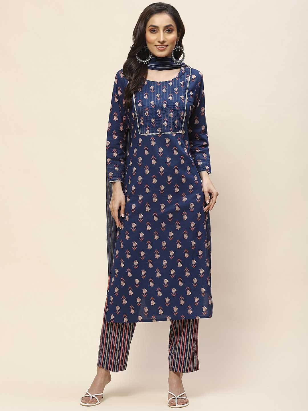 

Meena Bazaar Floral Printed Round Neck Three-Quarter Sleeves Kurta Set, Navy blue