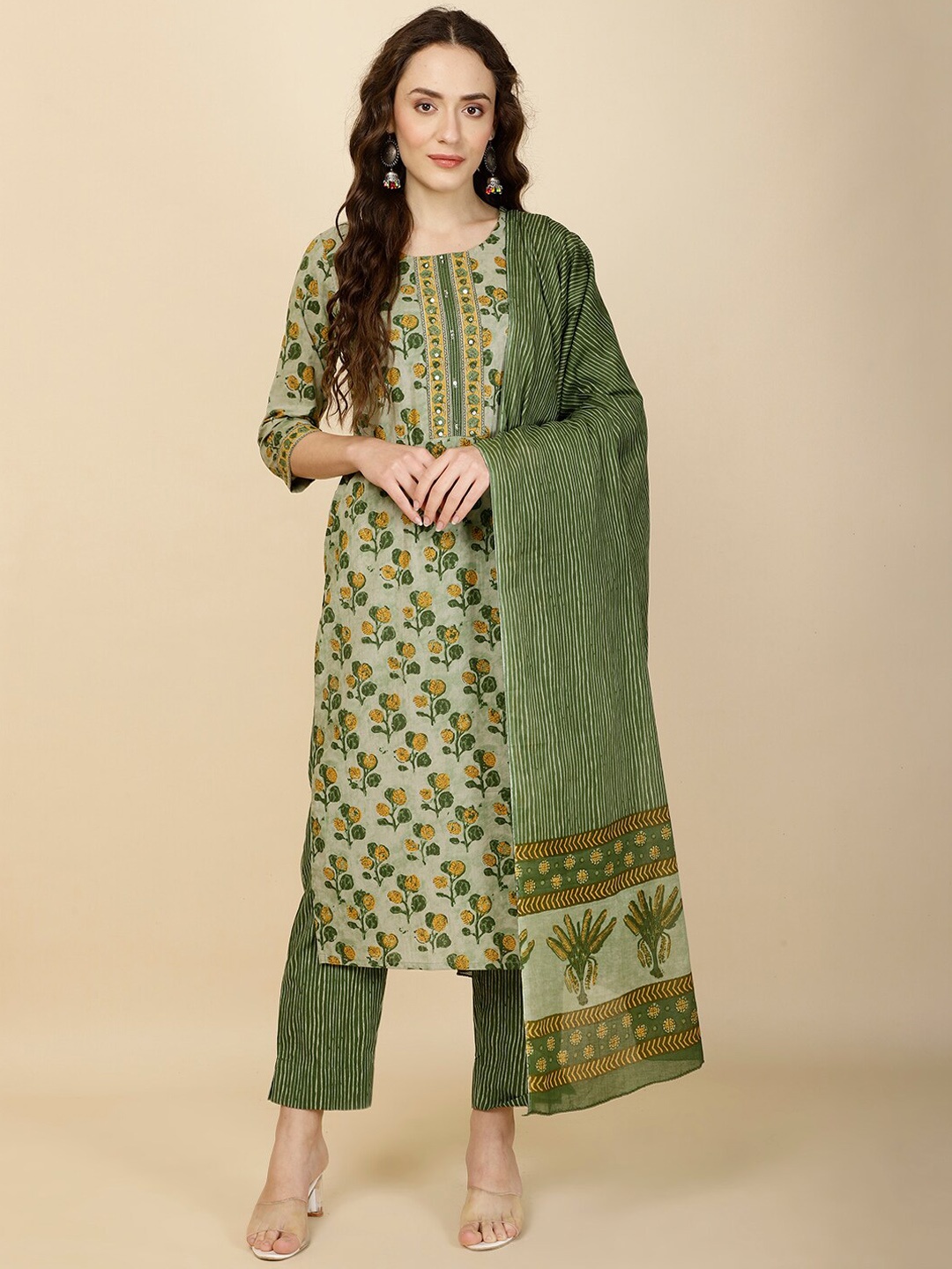 

Meena Bazaar Ethnic Motifs Printed Regular Sequinned Kurta with Trousers & Dupatta, Beige