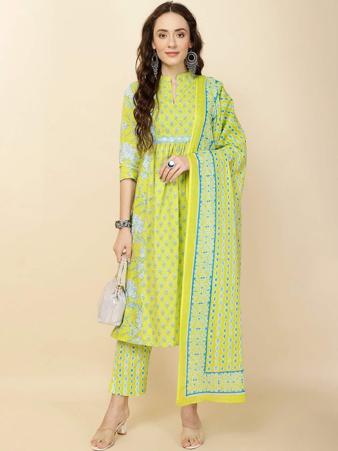 

Meena Bazaar Ethnic Motifs Printed Pleated Mirror Work Kurta with Trousers & Dupatta, Lime green