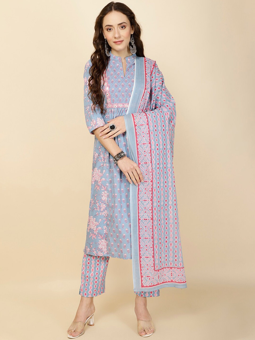 

Meena Bazaar Floral Printed Regular Kurta with Trousers & Dupatta, Blue