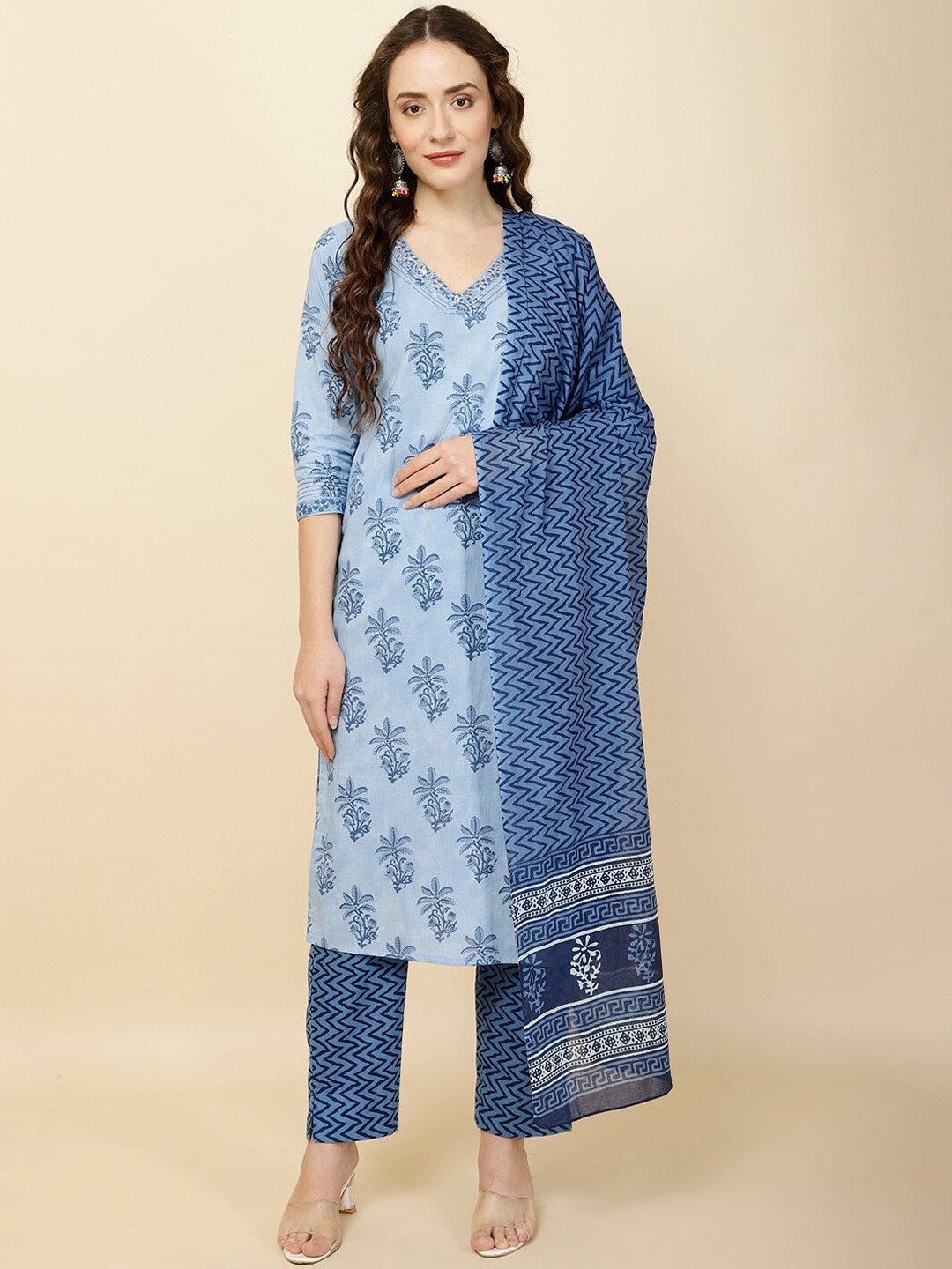 

Meena Bazaar Floral Printed Regular Kurta with Trousers & Dupatta, Blue