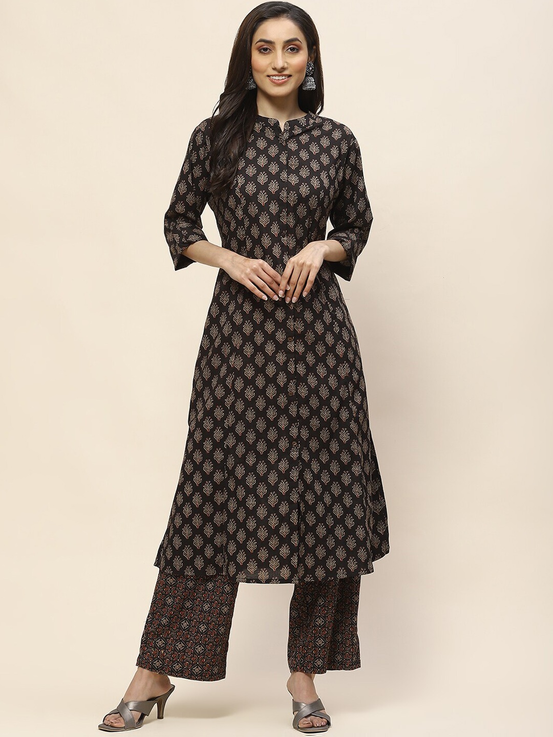 

Meena Bazaar Ethnic Motifs Printed Regular Kurta with Trousers, Black