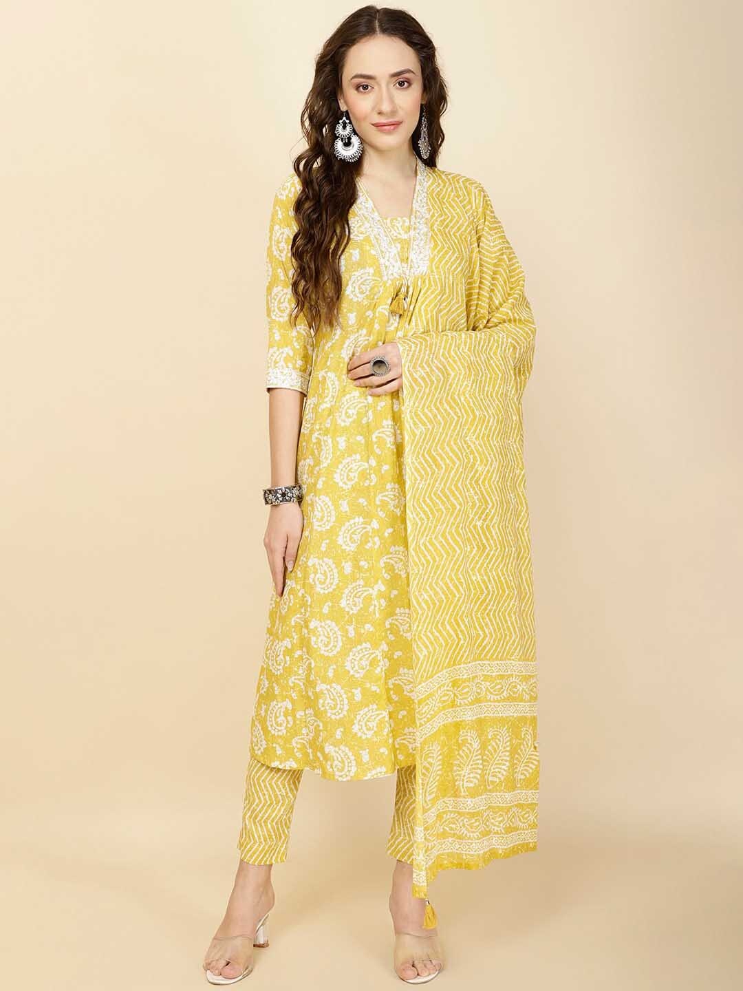 

Meena Bazaar Ethnic Motifs Printed Pleated Kurta with Trousers & Dupatta, Yellow