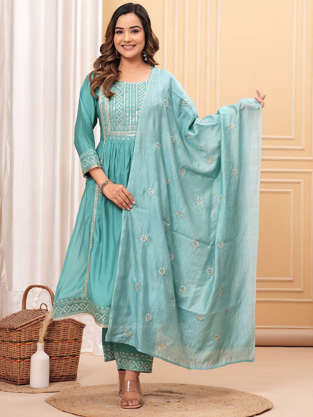 

SK2 Fashion Floral Embroidered Naira Cut Pleated Pure Silk Kurta With Trousers & Dupatta, Turquoise blue