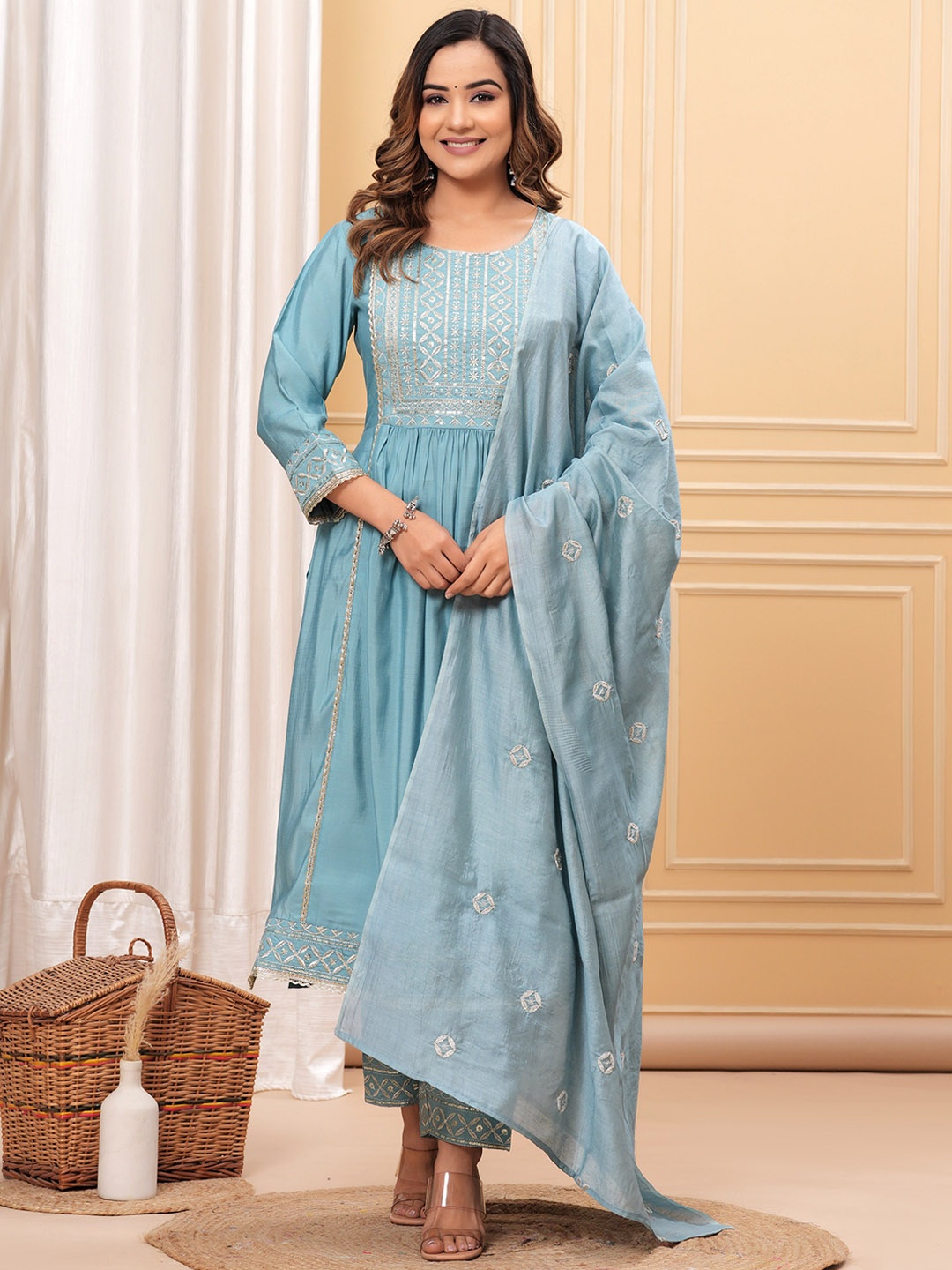 

SK2 Fashion Ethnic Motifs Embroidered Sequined Pure Silk Kurta & Trousers With Dupatta, Turquoise blue