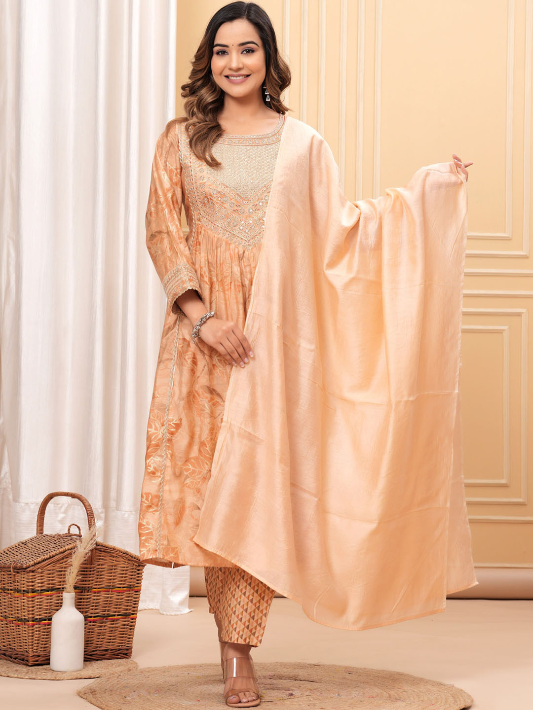 

SK2 Fashion Floral Printed Sequinned Pure Silk Naira Cut Kurta With Trouser & Dupatta, Brown