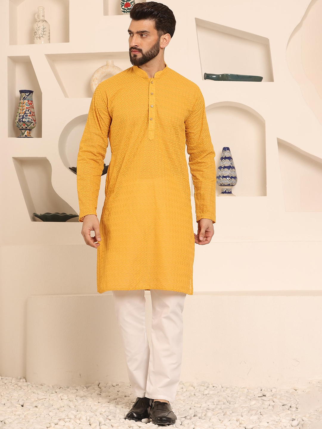 

Armaan Ethnic Geometric Embroidered Mandarin Collar Chikankari Pure Cotton Kurta & Pyjama, Yellow