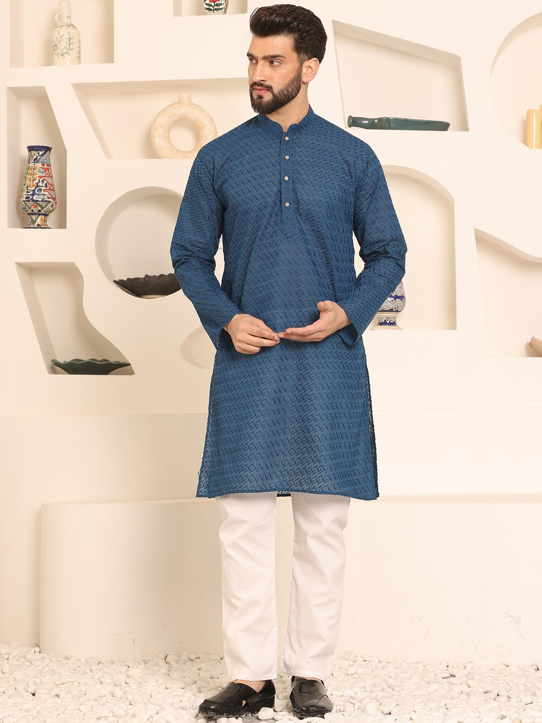 

Armaan Ethnic Embroidered Regular Chikankari Pure Cotton Kurta & Pyjama, Blue