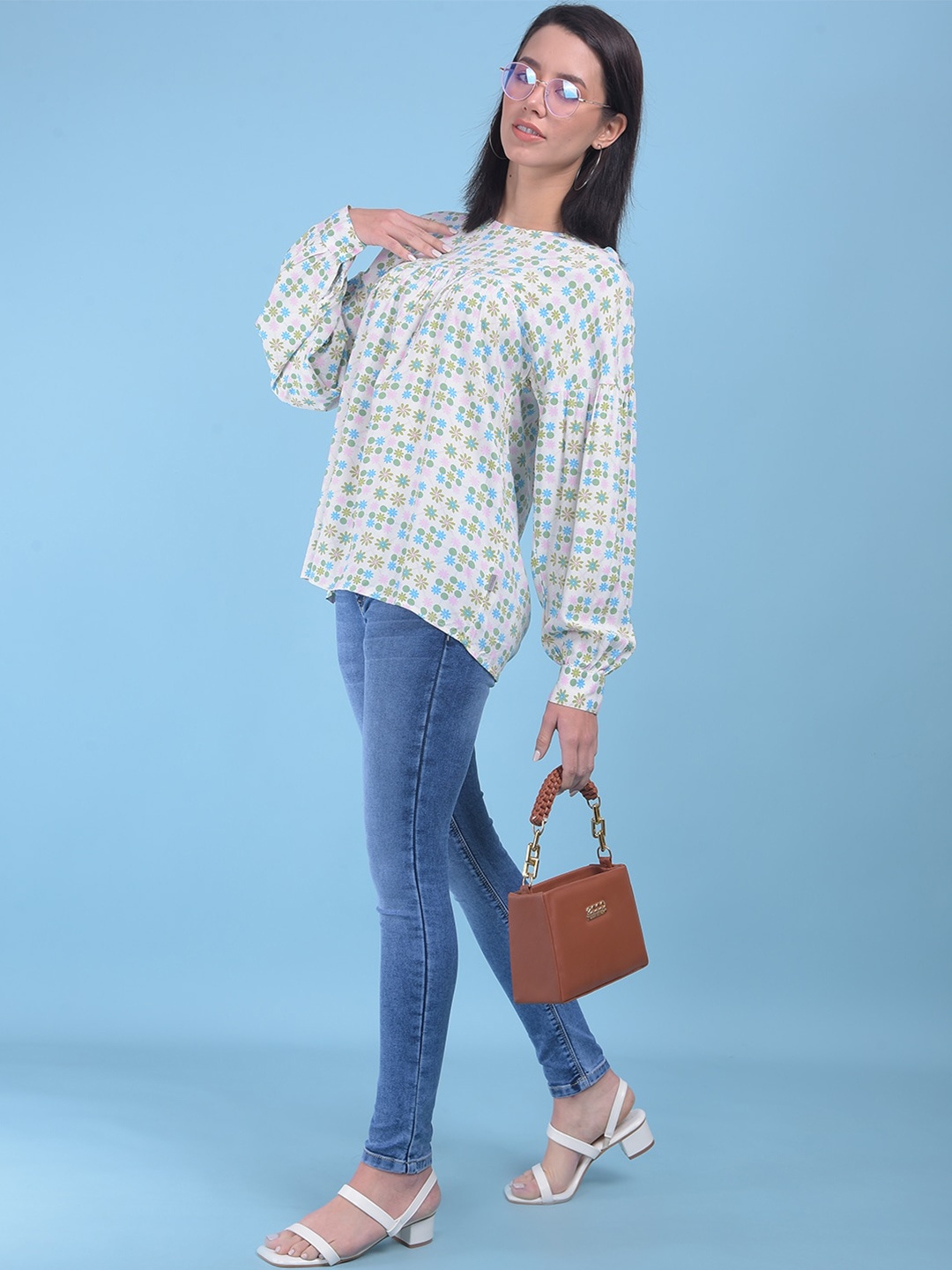 

Crimsoune Club Floral Print Cotton Round Neck Cuffed Sleeves Opaque Casual Top, White