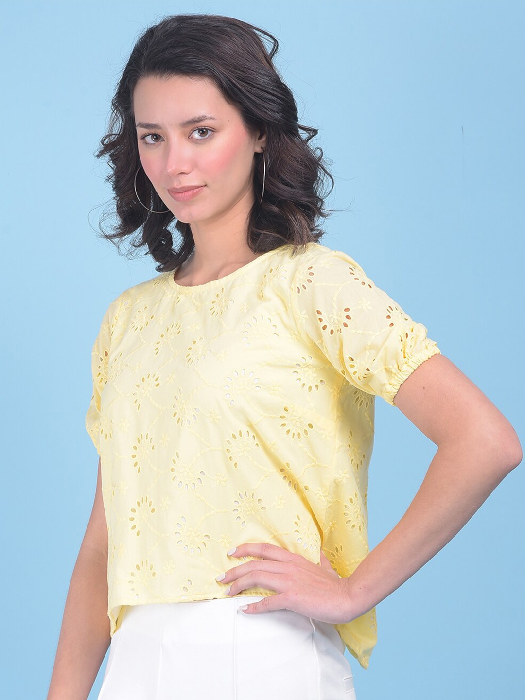 

Crimsoune Club Self Design Cuffed Sleeves Cotton Crop Top, Yellow