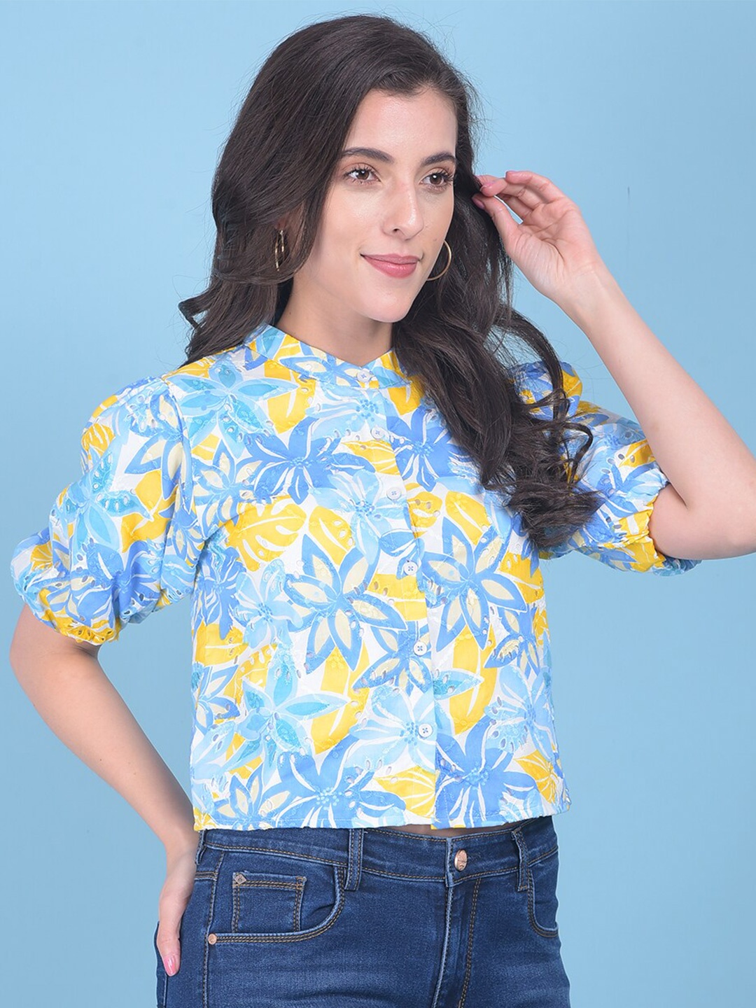 

Crimsoune Club Floral Print Mandarin Collar Cotton Shirt Style Top, Yellow