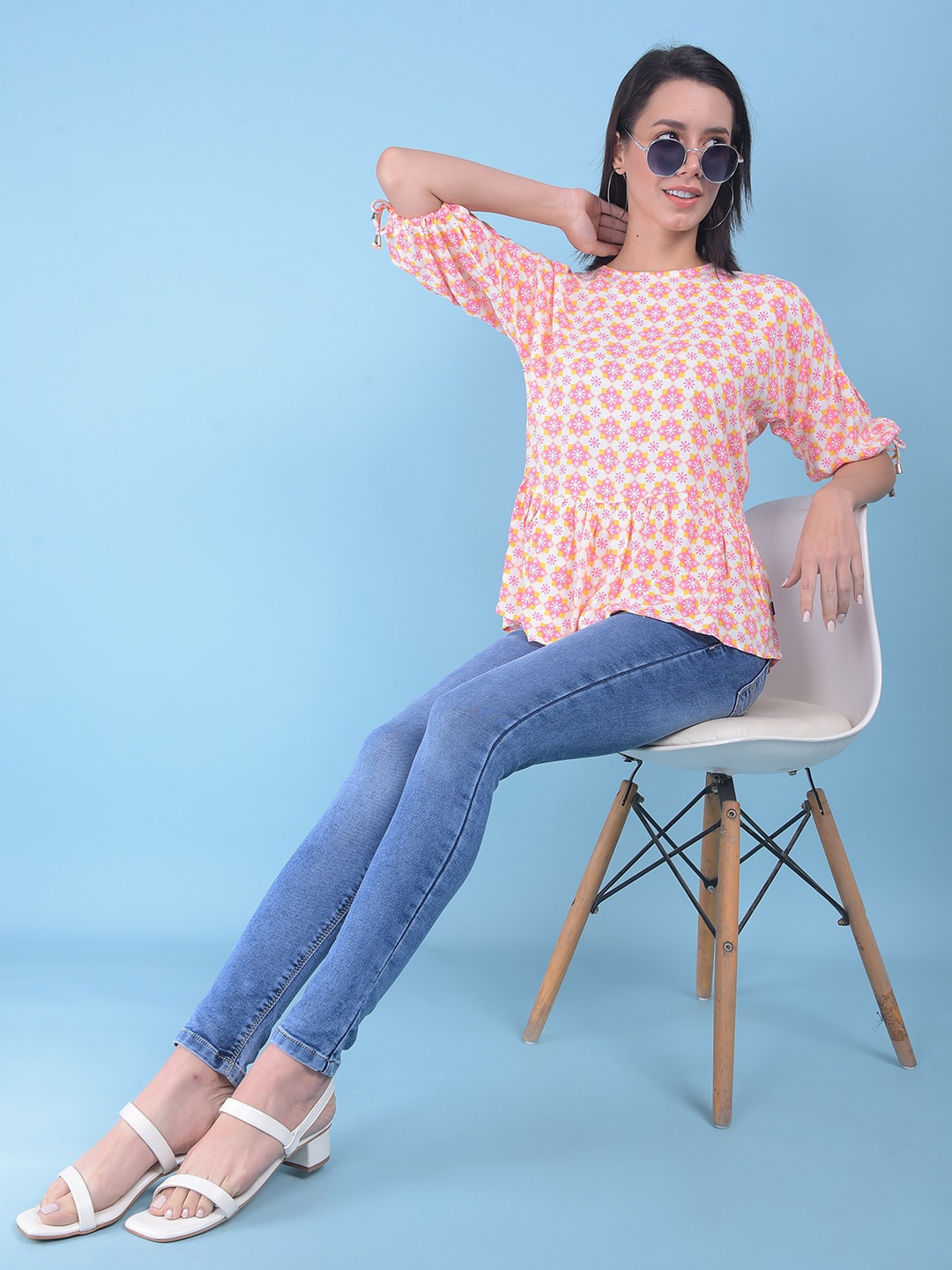 

Crimsoune Club Ethnic Motifs Print Bell Sleeves A-Line Top, Pink