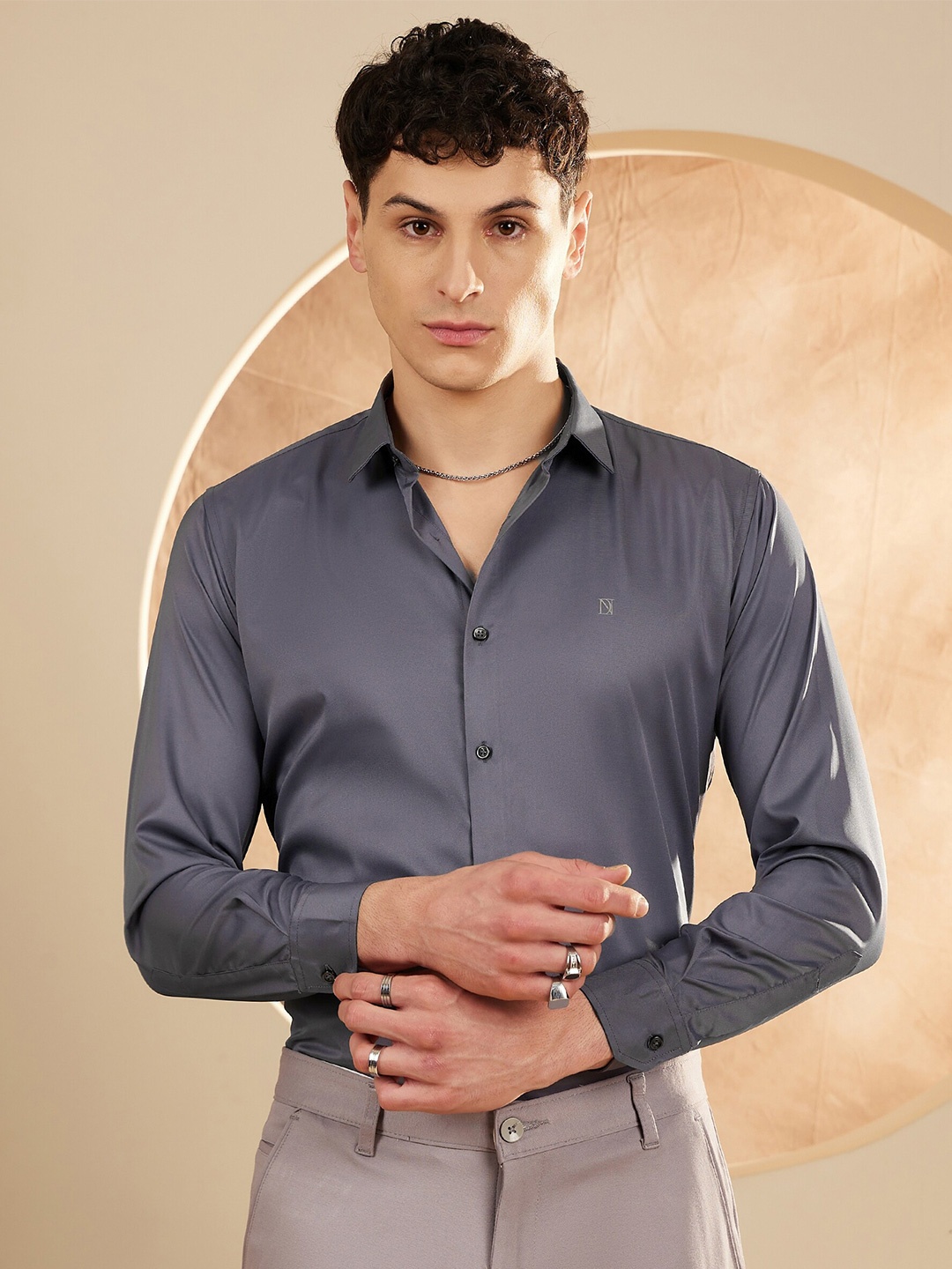 

DENNISON Spread Collar Long Sleeves Smart Satin Party Shirt, Grey